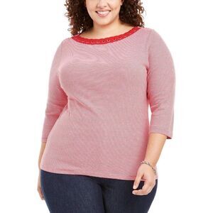 Karen Scott Red/White Plus Size Grommet-Trim Top‎